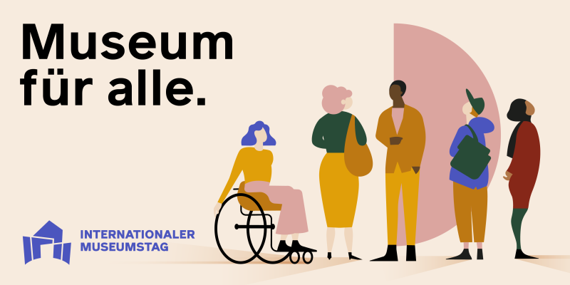 farbiges Key-Visual zum Internationalen Museumstag, das eine Gruppe von Menschen zeigt