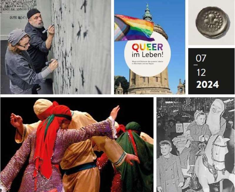 Coverausschnitt vom Veranstaltungsprogramm für die Monate Juli bis Dezember 2024, das verschiedene Bilder collageartig zeigt, z.B. Menschen, die malen, die tanzen oder den Wasserturm mit LGBTIQ-Flagge