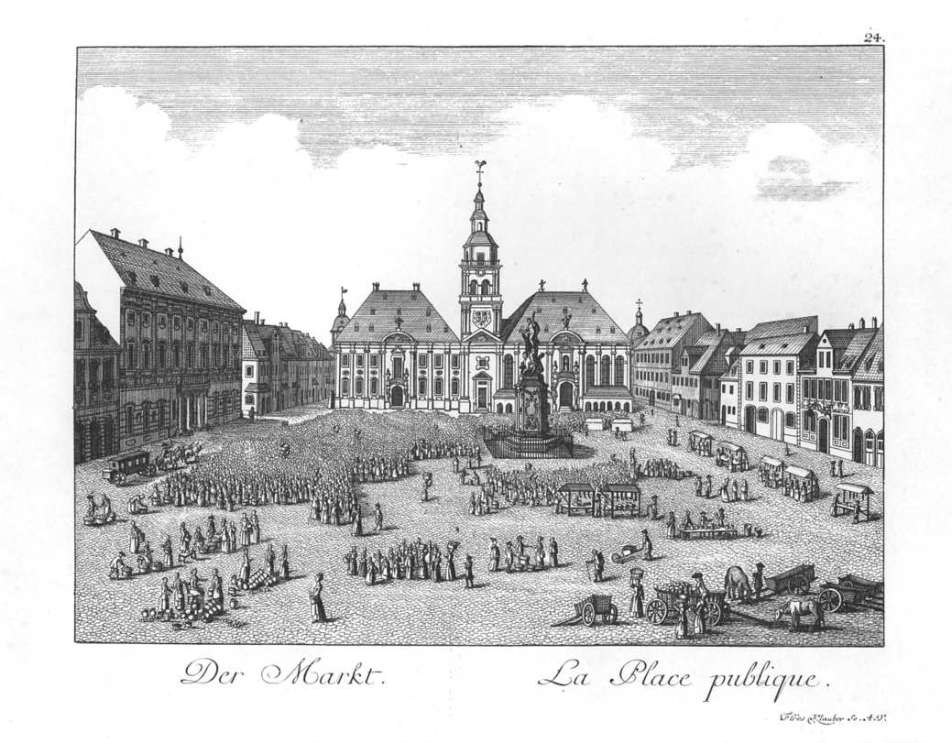 schwarz-weiß Zeichnung vom Mannheimer Marktplatz aus dem 18. Jahrhundert