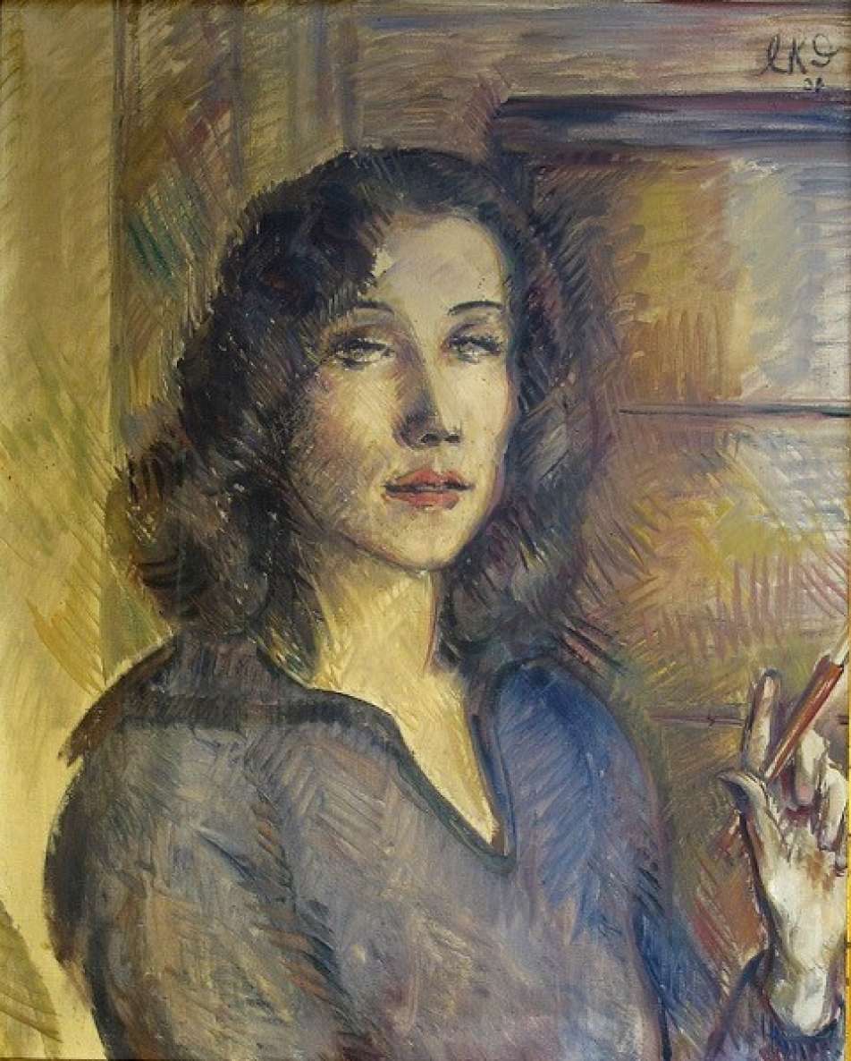 farbiges, gemaltes Portrait der Mannheimer Künstlerin Louise Kayser-Darmstädter